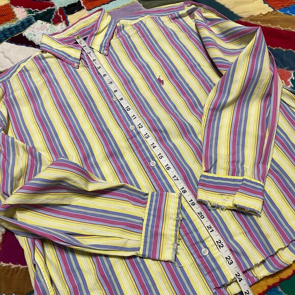 Polo Ralph Lauren Cropped Distressed Bright Yellow/Pink Button Up Large - Picture 4 of 6
